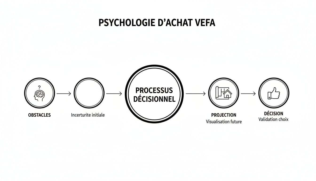 Diagramme illustrant le processus psychologique d'achat VEFA, des obstacles initiaux à la décision finale.