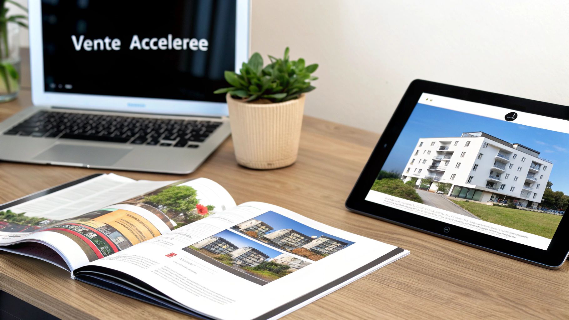 Bureau immobilier avec tablette affichant appartement moderne, brochures et ordinateur pour vente accélérée