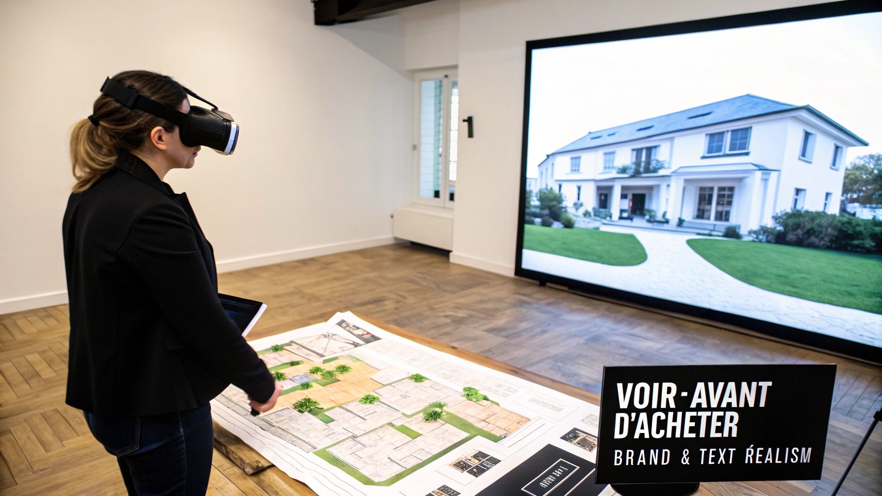 Une femme avec un casque de réalité virtuelle explore une maison sur grand écran, un plan immobilier est sur la table.