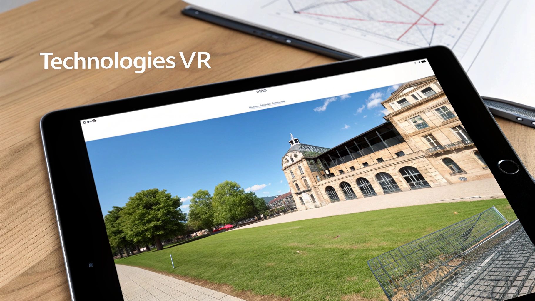 Tablette affichant une visite virtuelle immersive d'un grand bâtiment ancien et d'un parc verdoyant.