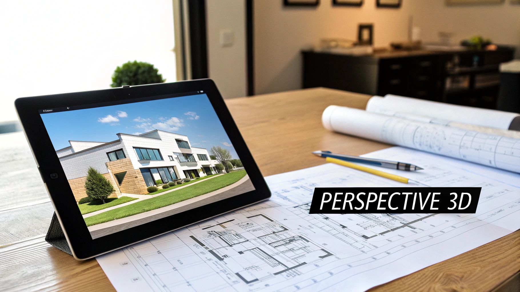 Tablette affichant une maison moderne en 3D, avec des plans d'architecte sur une table en bois.