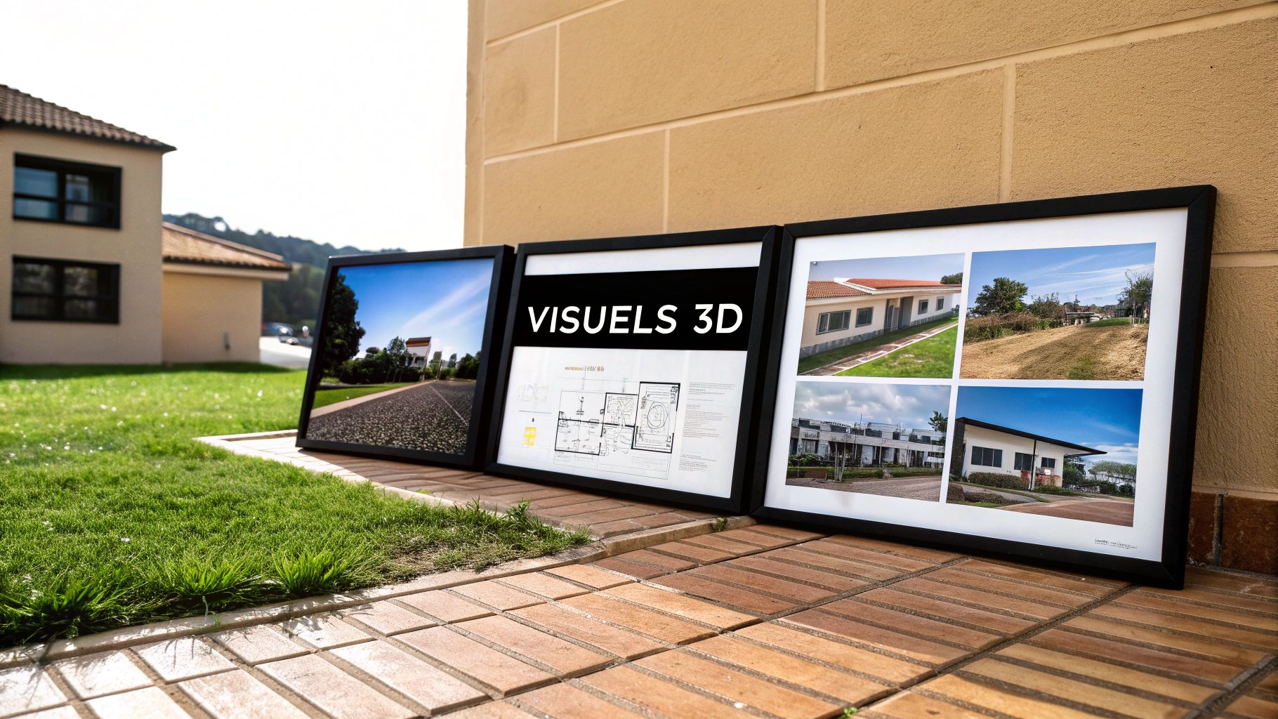 Perspective 3D extérieure montrant un immeuble moderne dans son environnement urbain