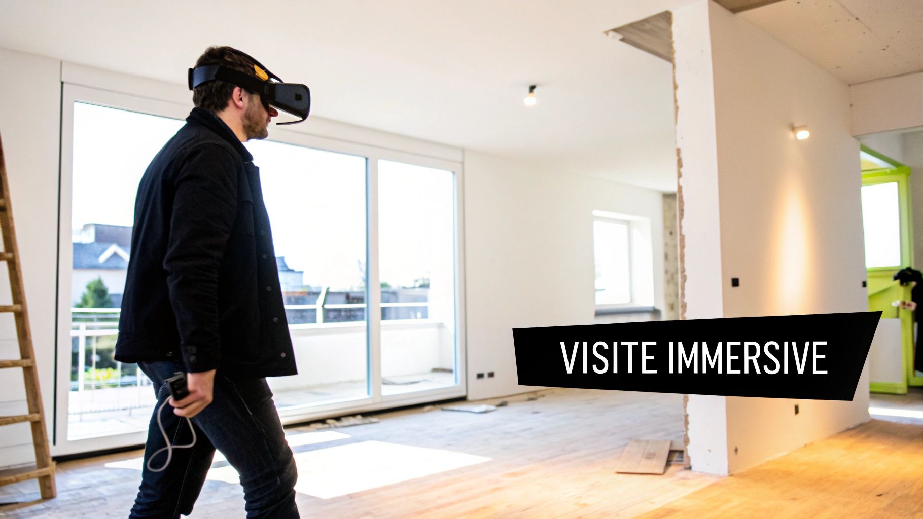 Homme portant un casque de réalité virtuelle explorant un appartement en construction, avec le texte "VISITE IMMERSIVE".