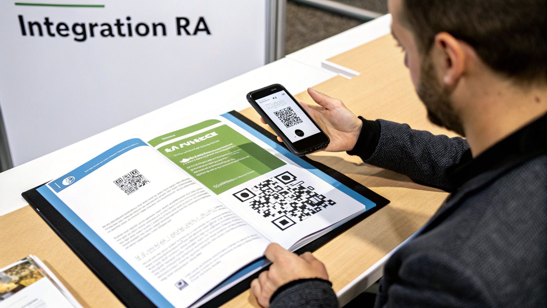 Personne scannant un code QR dans une brochure avec un smartphone pour accéder au contenu de réalité augmentée.