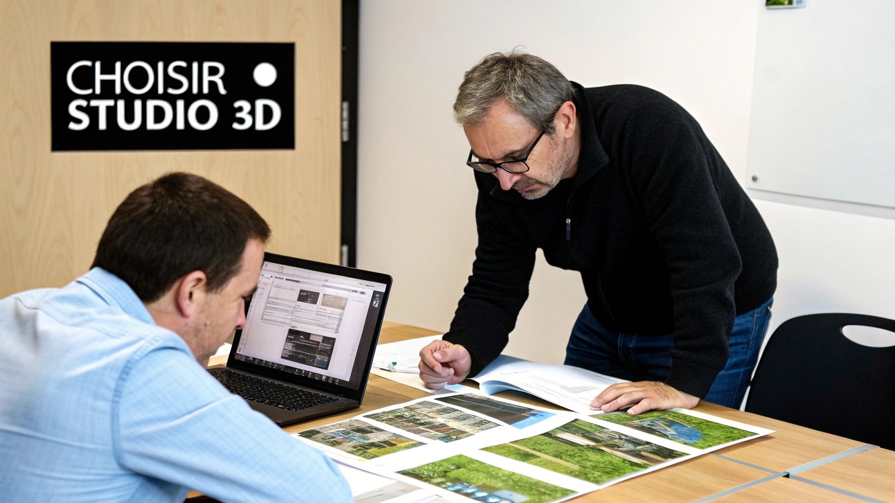 Deux hommes examinent des images et un ordinateur portable, discutant de projets 3D dans un bureau moderne.
