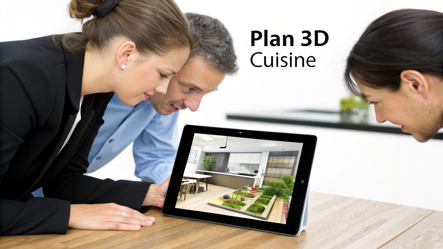 Trois personnes consultent un plan 3D de cuisine moderne sur une tablette numérique, affichant des options d'aménagement.