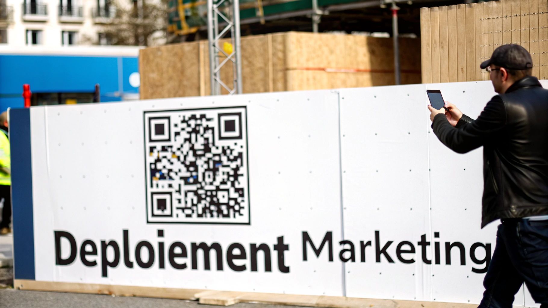 Homme prenant en photo un code QR affiché sur un panneau de déploiement marketing.