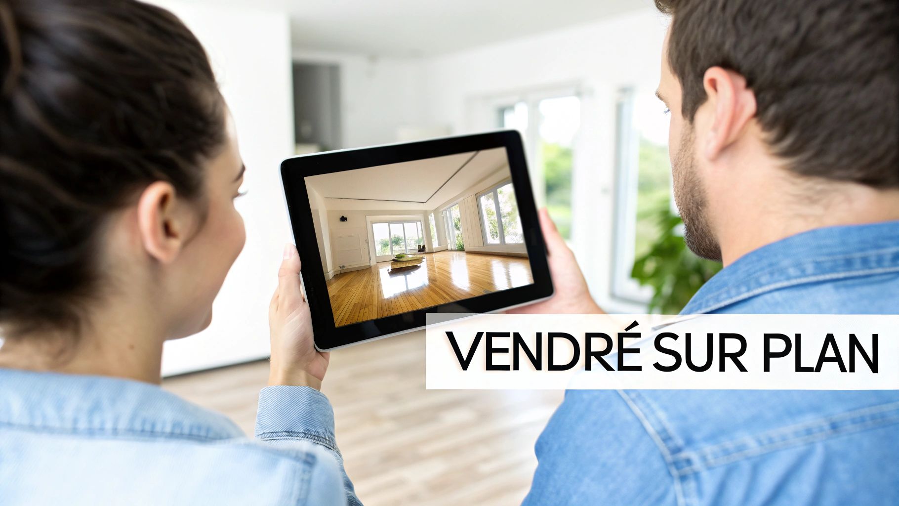 Un couple regarde une tablette affichant une visite virtuelle 3D d'une pièce moderne et vide, avec le texte 'Vendré sur Plan'.