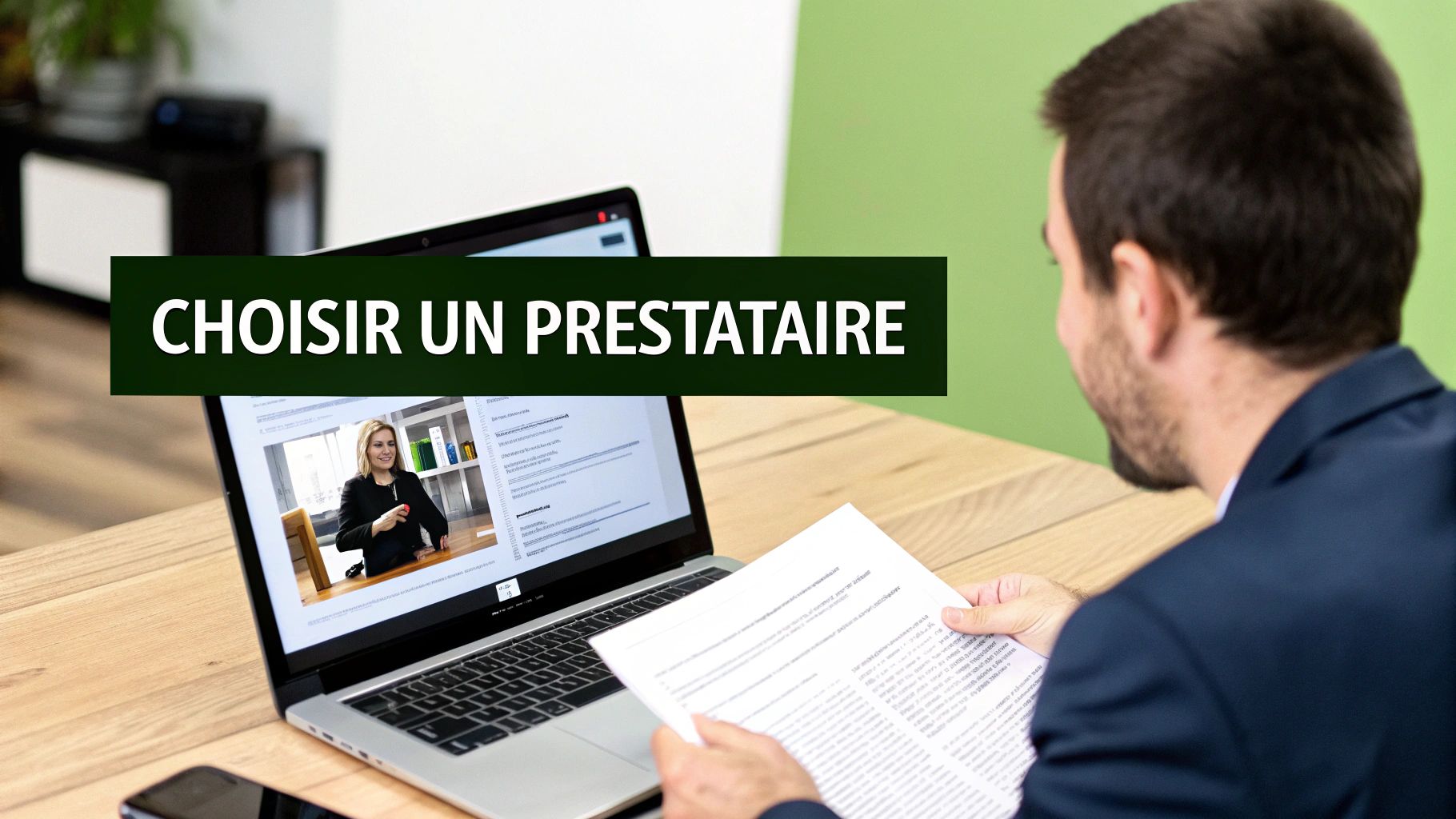 Un homme examine des documents tout en regardant une femme en visioconférence sur un ordinateur portable, avec le texte « CHOISIR UN PRESTATAIRE » en surimpression.