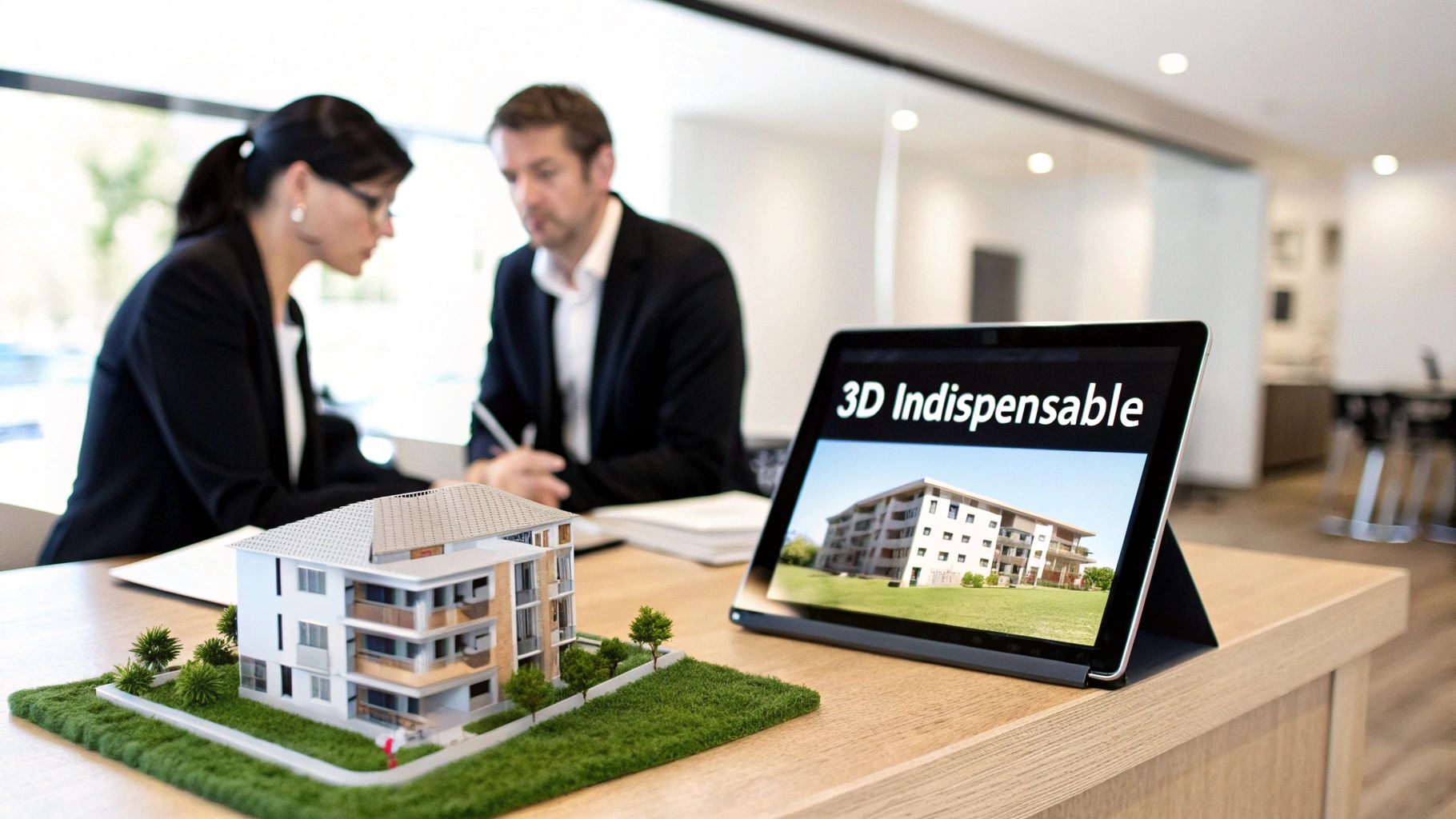 Maquette architecturale détaillée et rendu 3D sur tablette, avec des professionnels discutant d'un projet immobilier.