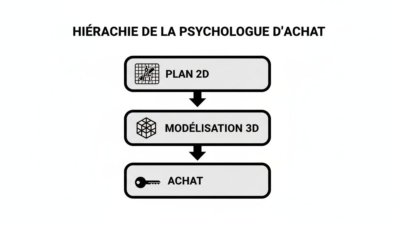Diagramme hiérarchique illustrant les étapes : plan 2D, modélisation 3D et achat, avec icônes associées.