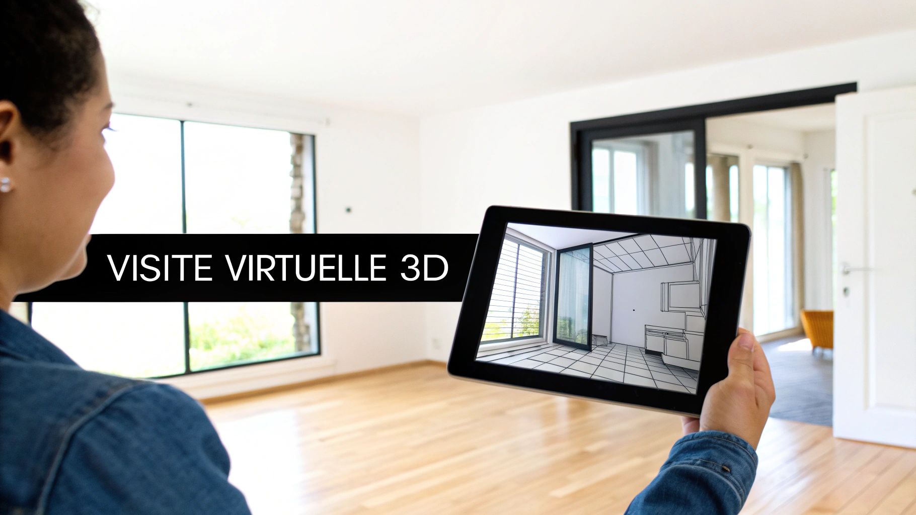 Personne tenant une tablette affichant un plan architectural 3D, avec l'inscription "VISITE VIRTUELLE 3D" pour l'exploration immobilière.