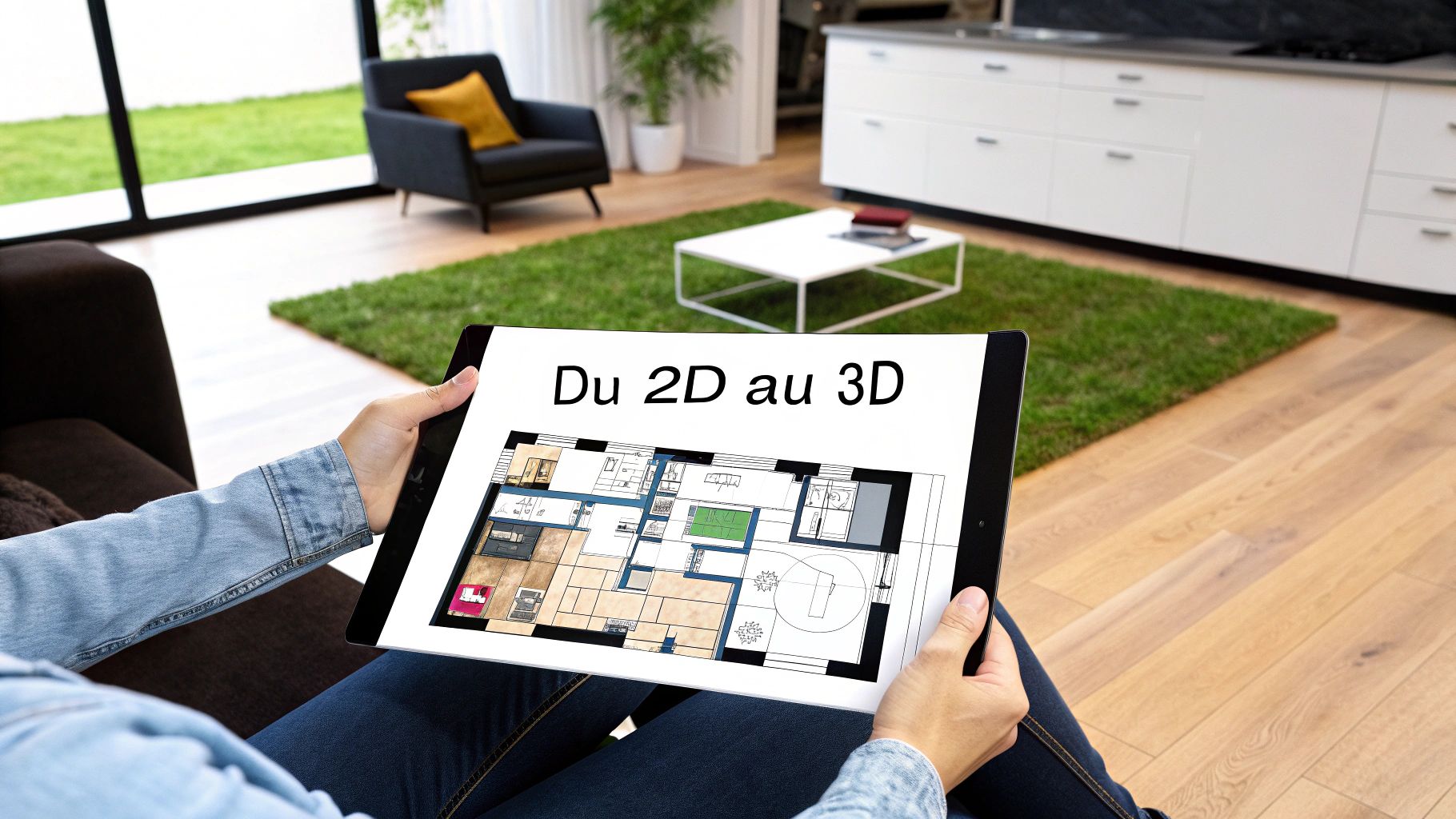 Une personne tient une tablette affichant un plan de maison 2D avec la mention « Du 2D au 3D », dans un intérieur moderne.