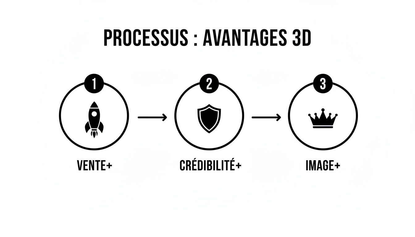Infographie montrant le processus et les avantages de la 3D: augmentation des ventes, de la crédibilité et de l'image.