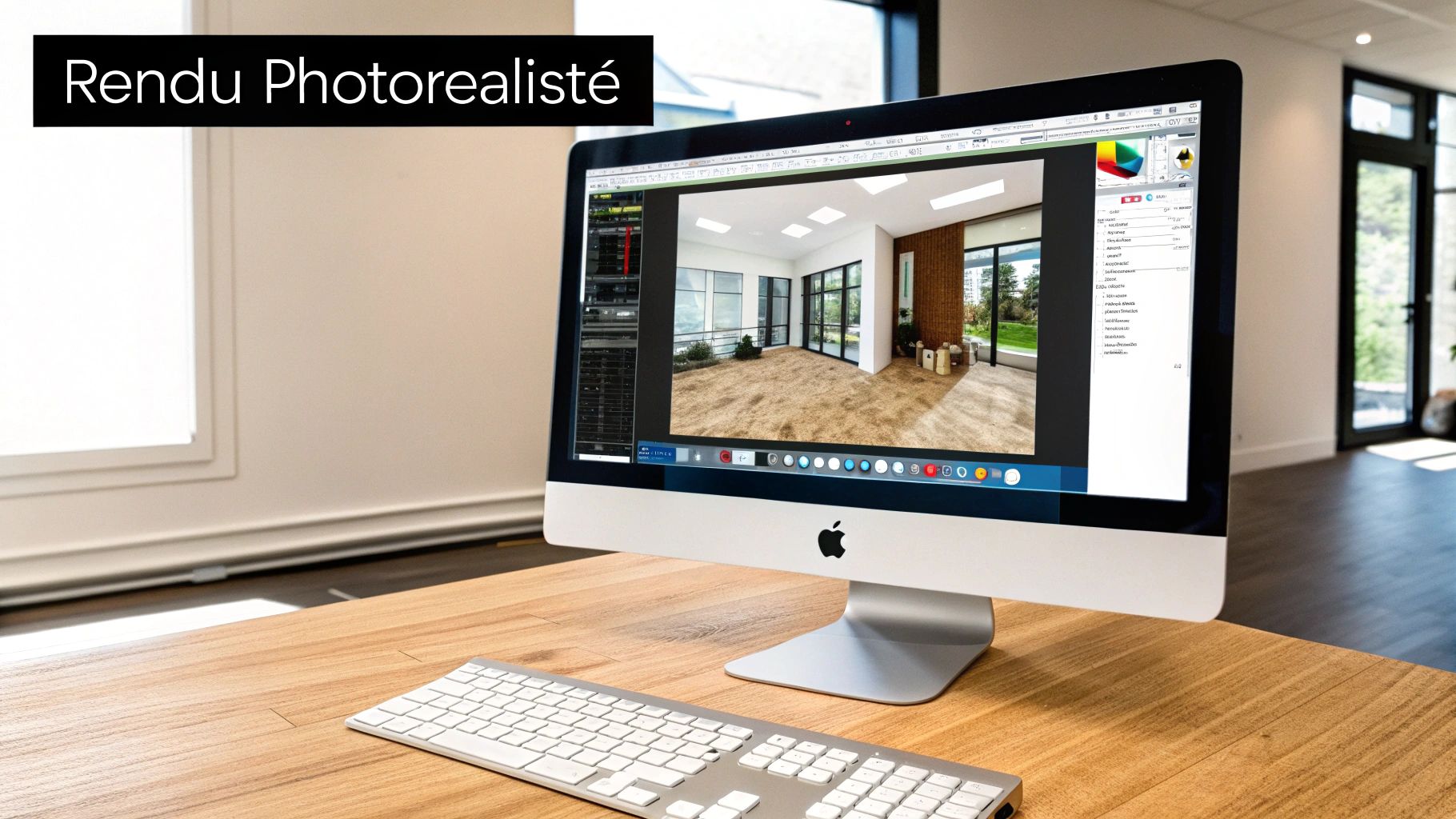 Un ordinateur affiche un logiciel de rendu 3D avec une image photoréaliste d'un intérieur moderne et vide.
