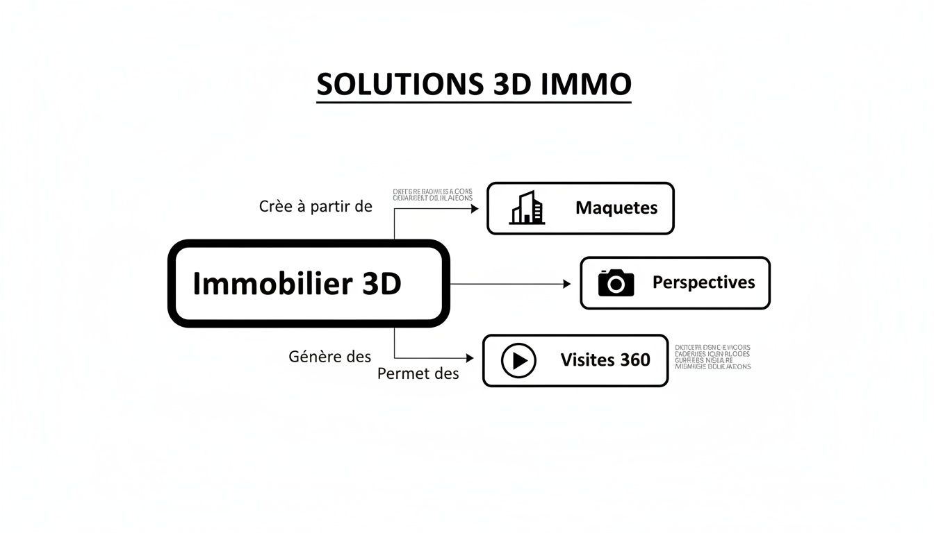 Diagramme explicatif des solutions immobilières 3D, présentant la création de maquettes, perspectives et visites 360.