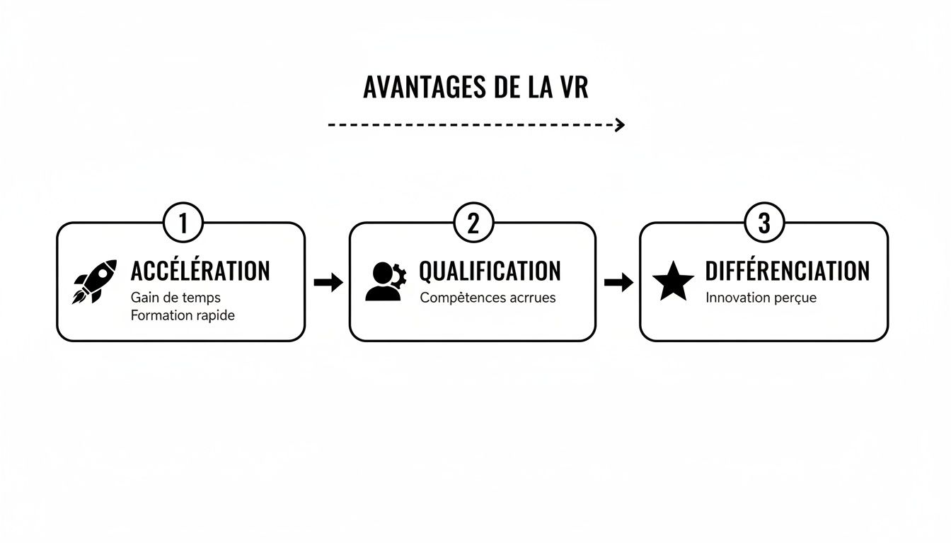 Un diagramme illustrant les trois avantages clés de la réalité virtuelle : accélération, qualification, et différenciation.
