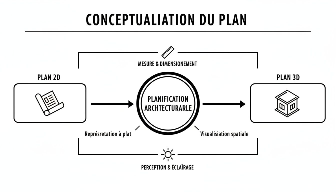Diagramme de conceptualisation du plan architectural, de la 2D à la 3D, incluant la planification et la visualisation.