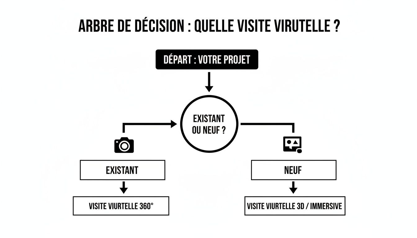 Diagramme d'arbre de décision pour choisir le type de visite virtuelle : 360° pour l'existant ou 3D immersive pour le neuf.