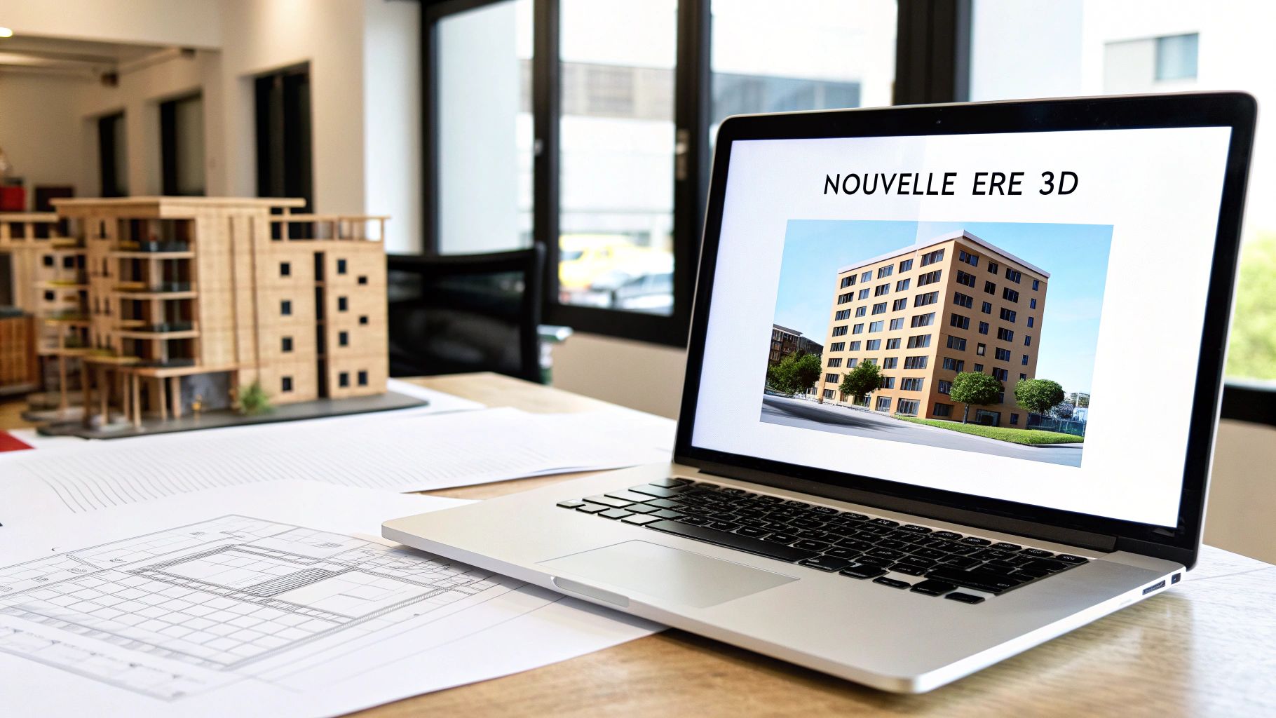Maquette architecturale en bois et plans à côté d'un ordinateur portable affichant une image 3D d'un immeuble.