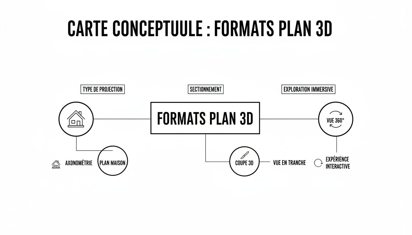 Carte conceptuelle présentant les formats de plans 3D, incluant la projection, le sectionnement et l'exploration immersive.