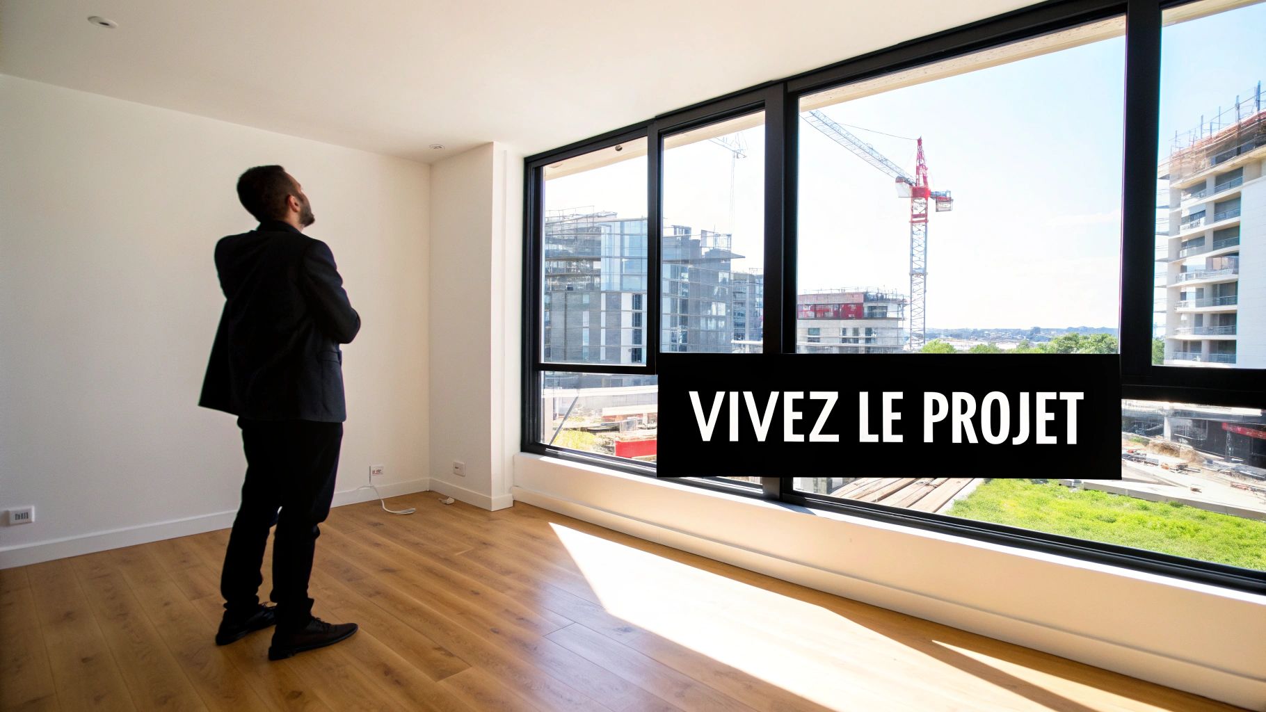 Un homme debout dans un appartement vide, regardant par une grande fenêtre avec vue sur un chantier de construction. Texte: VIVEZ LE PROJET.