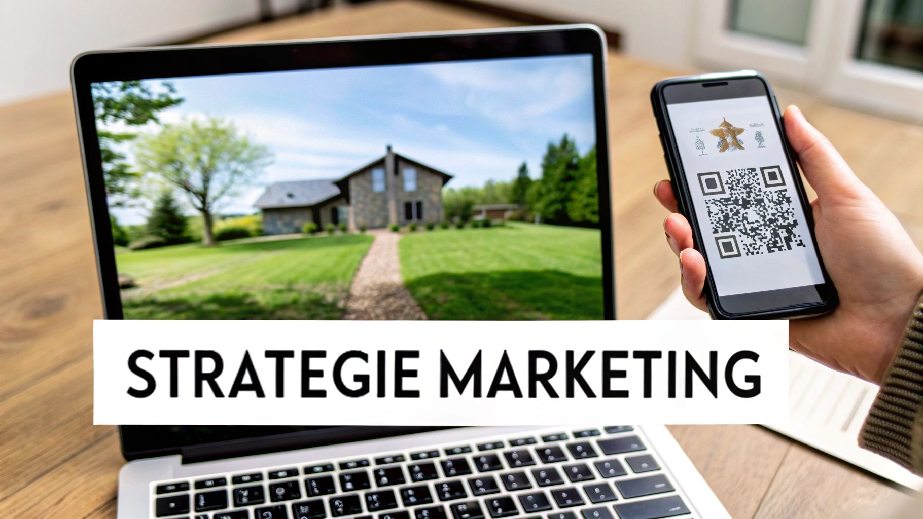 Un ordinateur portable affiche une maison avec un jardin verdoyant. Une main tient un smartphone montrant un QR code. Le texte "STRATEGIE MARKETING" est superposé.