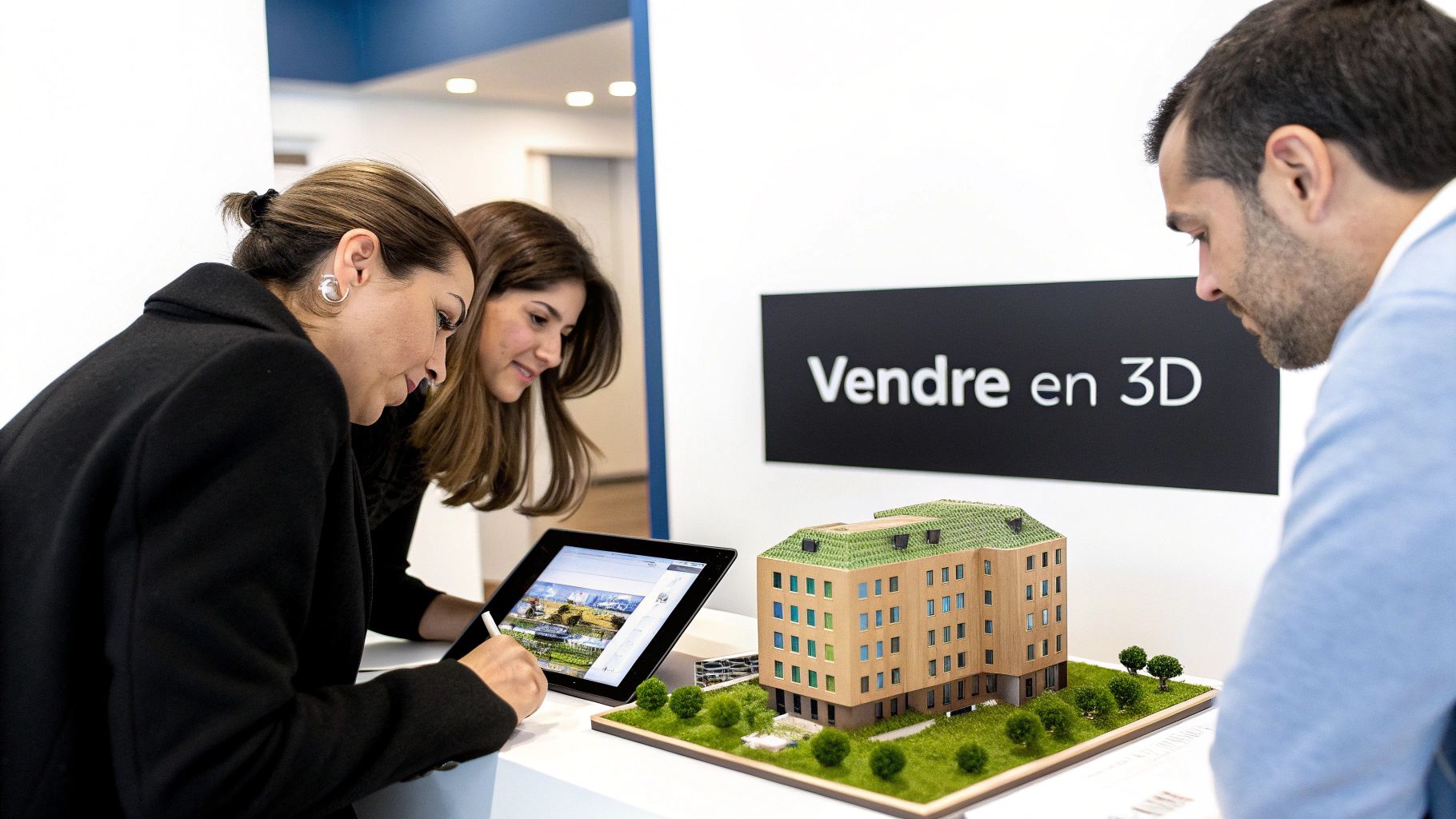 Trois personnes regardant attentivement une maquette 3D de bâtiment et un écran de tablette, sous une affiche « Vendre en 3D ».