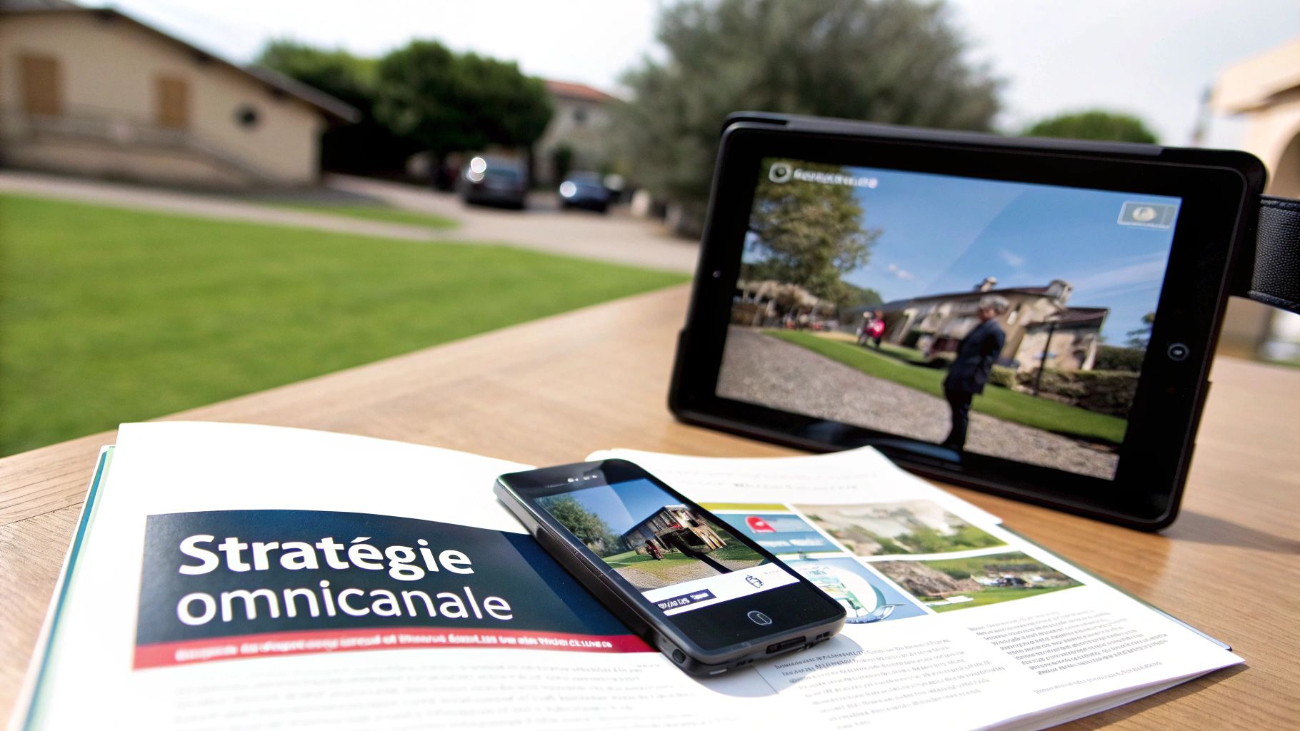 Tablette et téléphone présentant des visualisations 3D de bâtiments, posés sur un magazine 'Stratégie omnicanale'.
