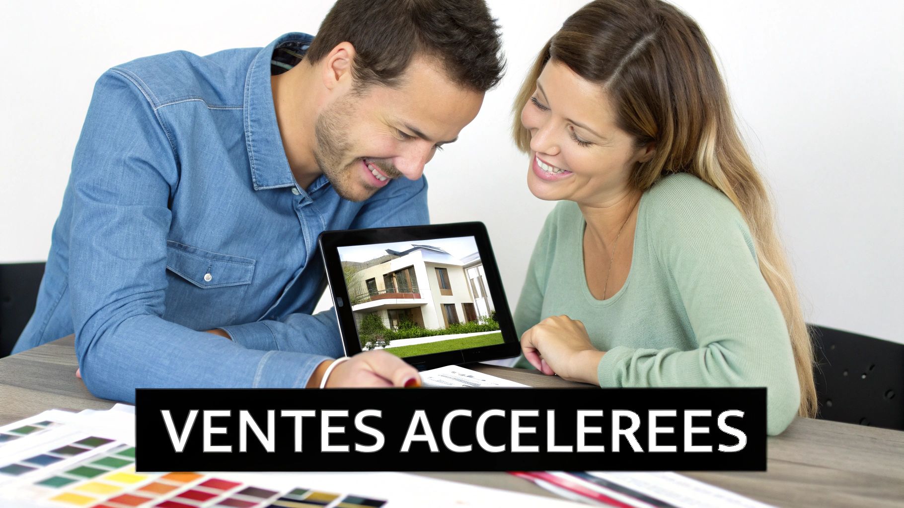 Un couple souriant regarde une maison moderne sur une tablette, avec des échantillons de couleurs et le texte 'VENTES ACCELEREES'.