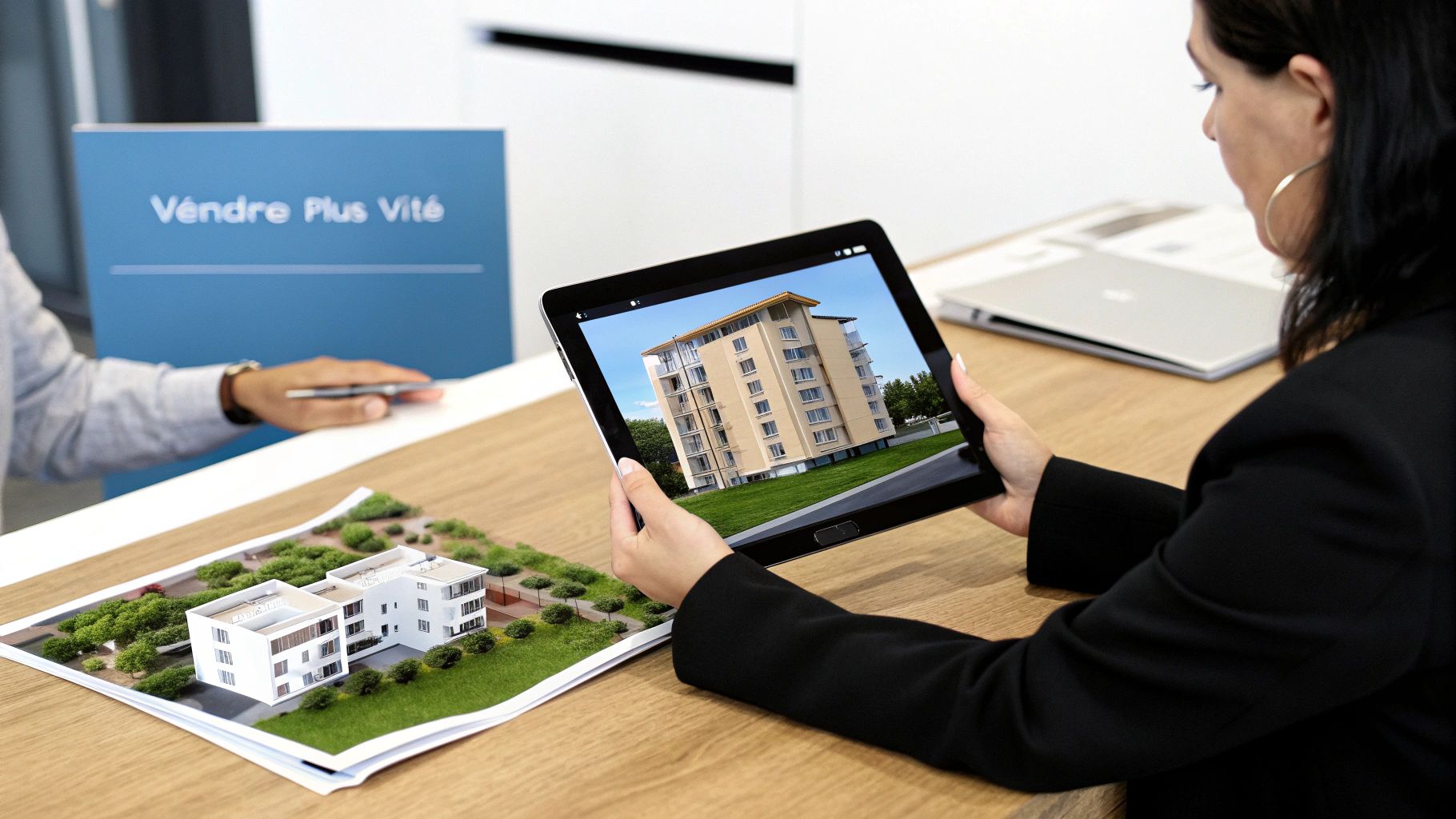 Femme utilisant une tablette pour visualiser un modèle 3D de bâtiment, avec une maquette immobilière sur la table.