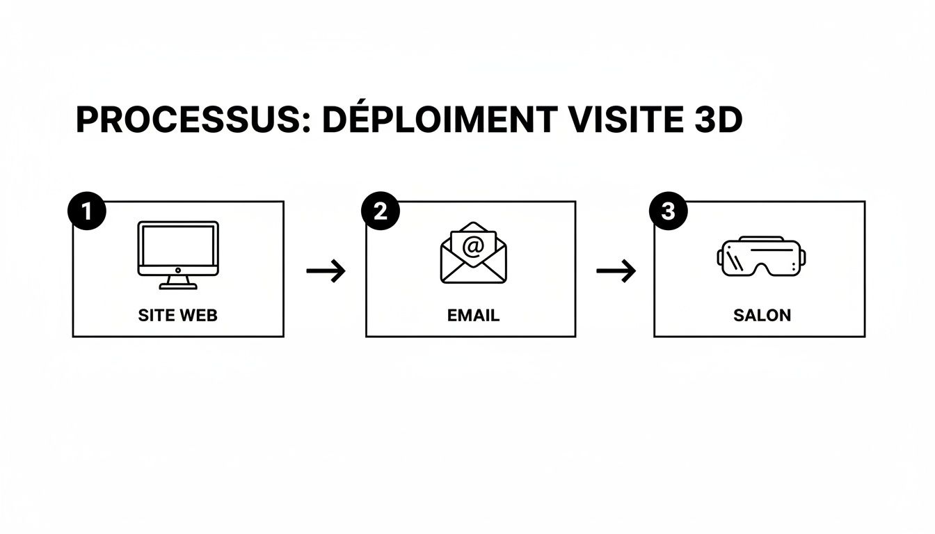 Infographie illustrant le processus de déploiement d'une visite virtuelle 3D en trois étapes: site web, email, et salon.
