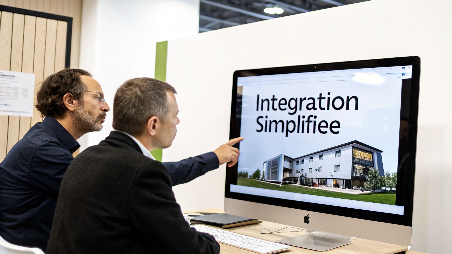 Deux hommes regardent attentivement un écran d'ordinateur affichant le texte "Intégration Simplifiée" et une image de bâtiment moderne. L'un pointe l'écran.