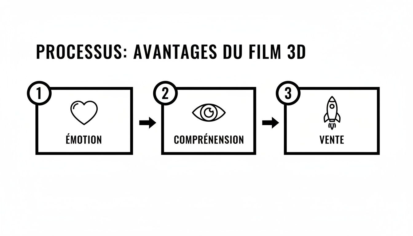 Un diagramme de processus en trois étapes montrant les avantages du film 3D : Émotion, Compréhension, Vente.