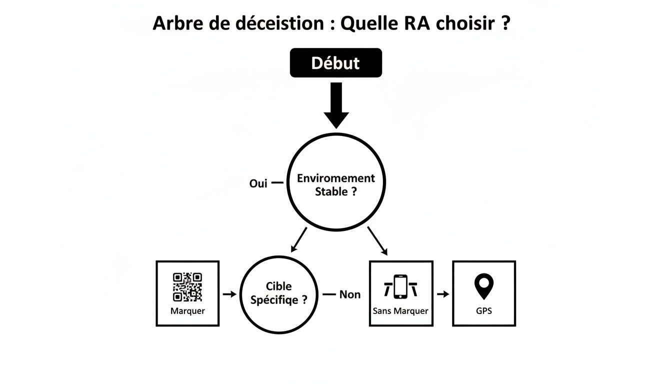 Diagramme de flux pour choisir la bonne technologie de Réalité Augmentée selon l'environnement et la cible.