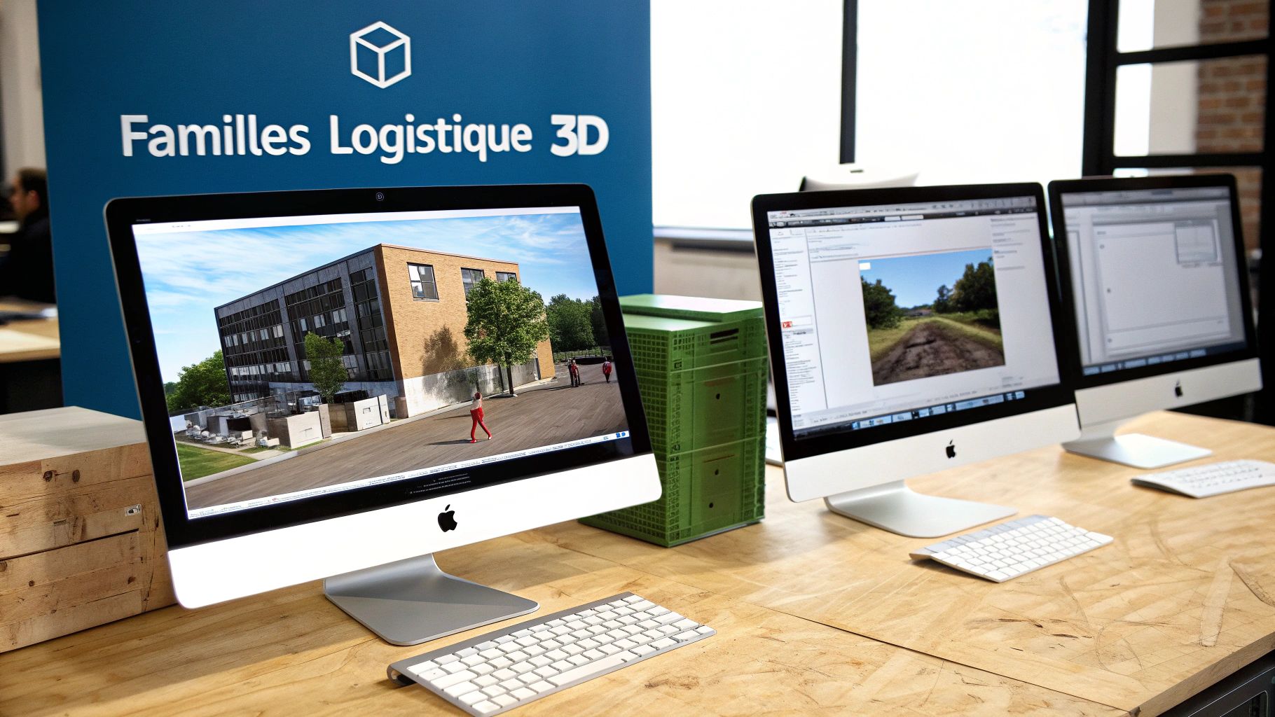 Plusieurs ordinateurs Apple iMac affichant des conceptions 3D et des interfaces logicielles sur un bureau en bois.