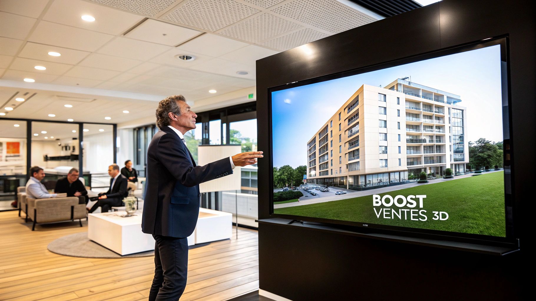 Un plan d'appartement 3D détaillé avec des textures réalistes, montrant l'aménagement d'un salon et d'une cuisine.