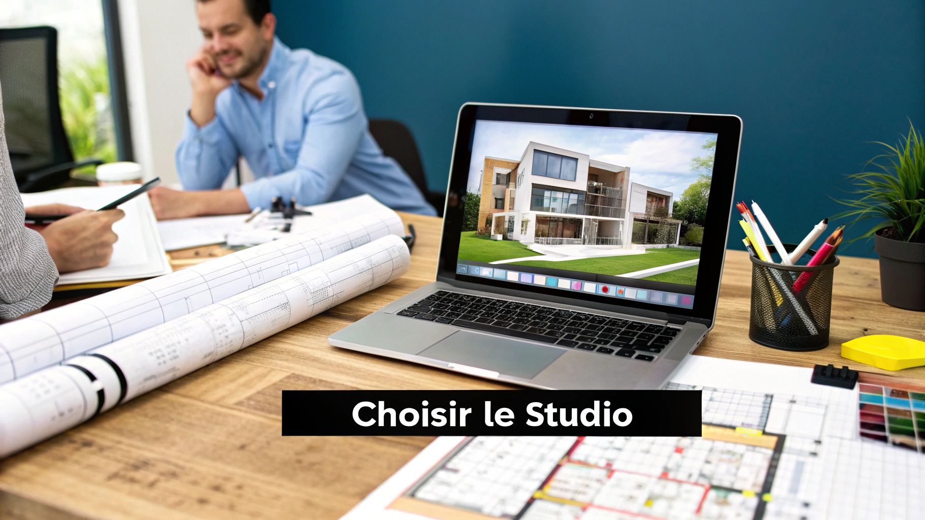 Des architectes travaillant sur des plans, un ordinateur portable affichant une maison 3D moderne sur un bureau en bois.