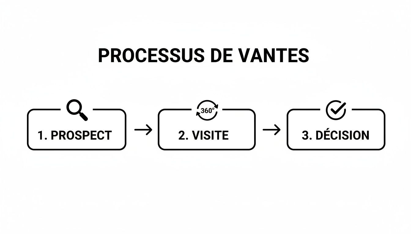Diagramme illustrant les trois étapes du processus de ventes : prospect, visite 360 degrés, et décision.