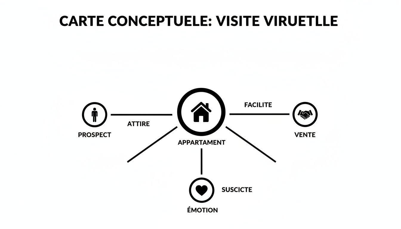 Carte conceptuelle montrant comment la visite virtuelle d'un appartement attire le prospect, suscite l'émotion et facilite la vente.
