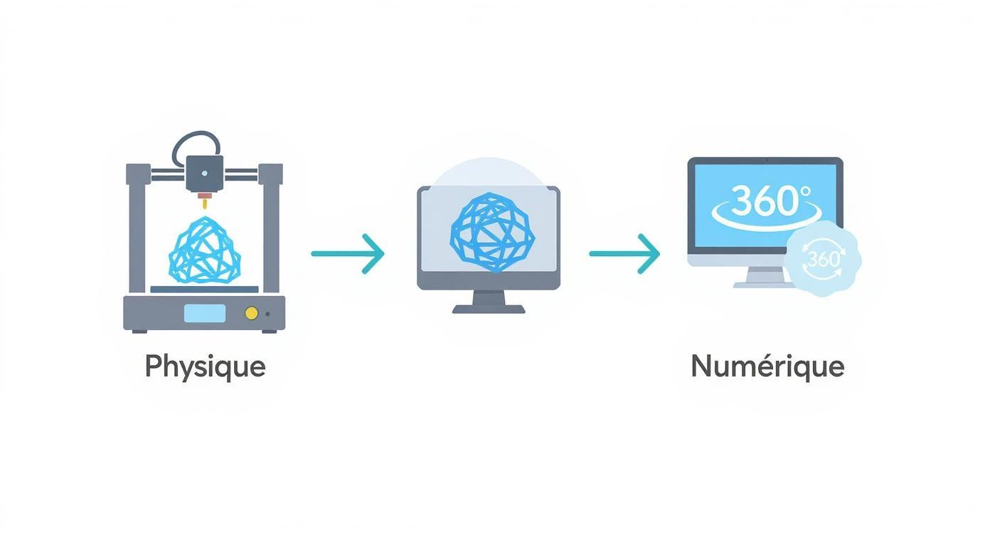 Illustration du processus de numérisation 3D : d'un objet physique imprimé en 3D à son modèle numérique interactif à 360°.