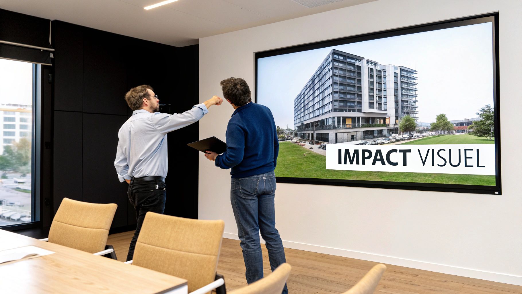 Deux hommes discutent devant un grand écran affichant une visualisation 3D d'un bâtiment moderne et le texte 'IMPACT VISUEL' dans un bureau.