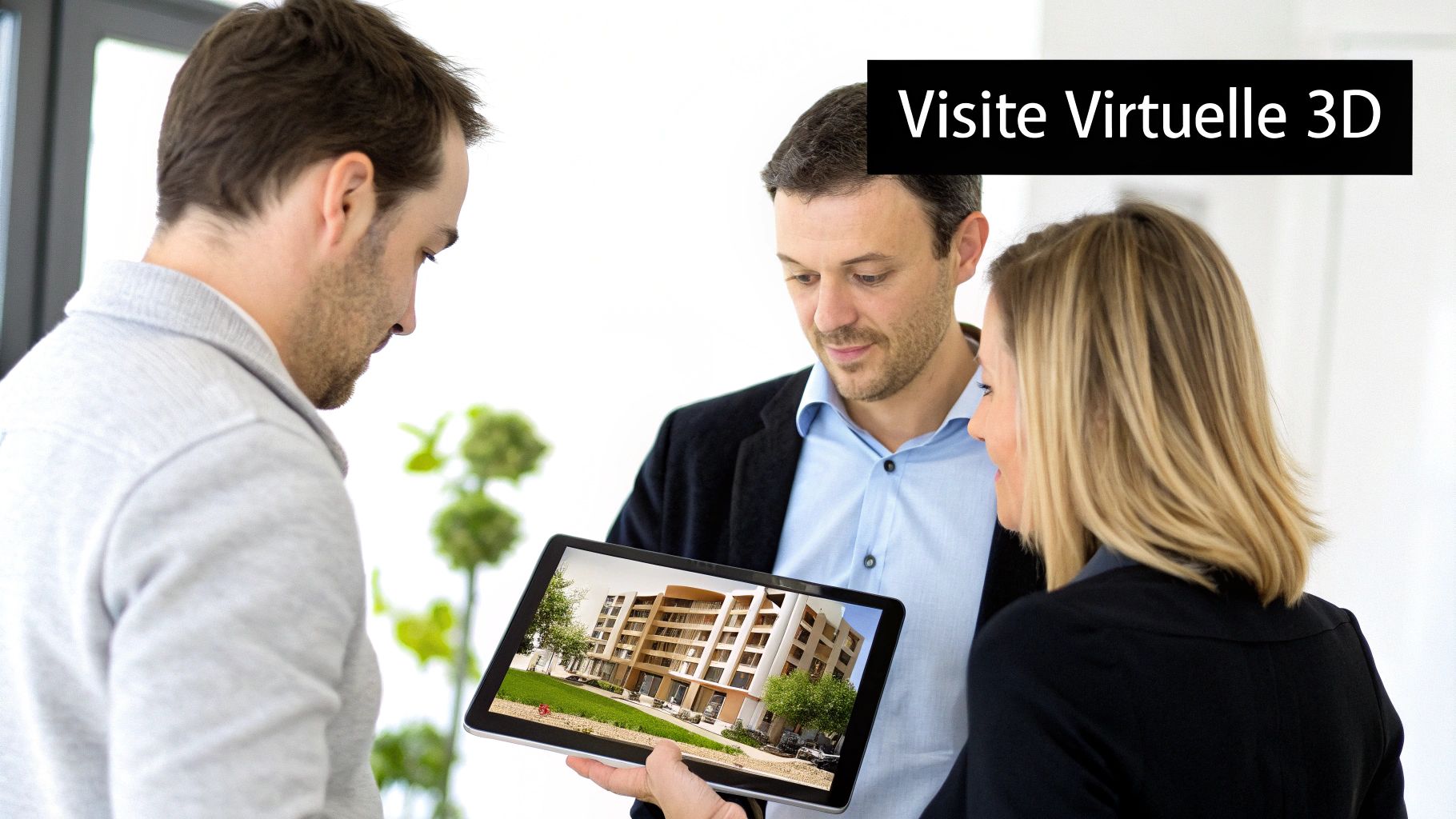 Trois personnes regardant une tablette affichant la visite virtuelle 3D d'un appartement moderne, avec le texte "Visite Virtuelle 3D".