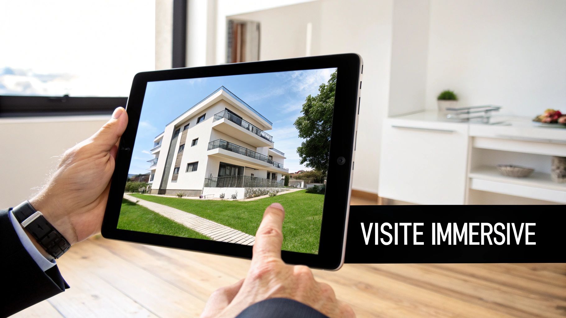 Un homme utilise une tablette pour une visite virtuelle immersive d'un immeuble moderne.
