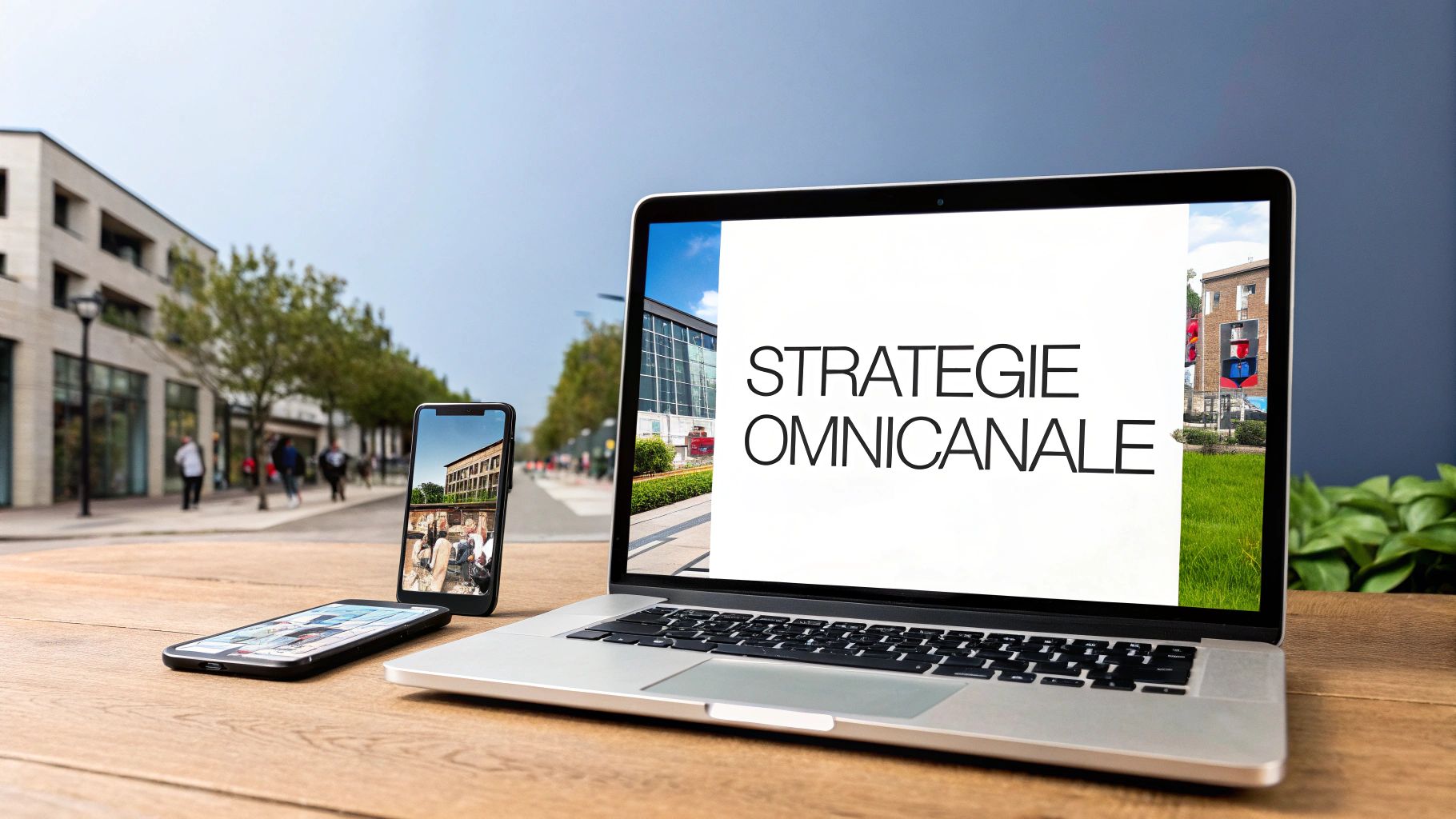 Un ordinateur portable et deux smartphones sur une table en bois, affichant la 'Stratégie Omnicanale' avec un fond urbain.