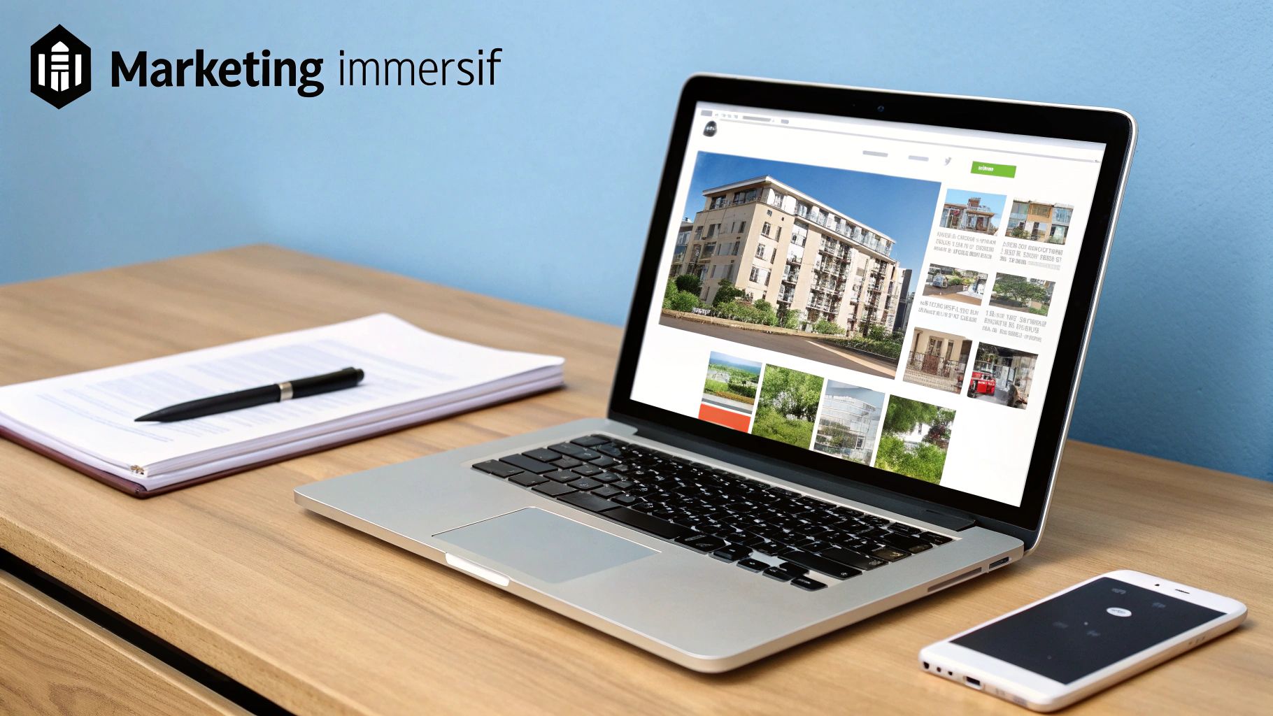 Ordinateur portable sur un bureau en bois affichant des photos immobilières, avec un document, un stylo et un smartphone. Logo Marketing immersif.