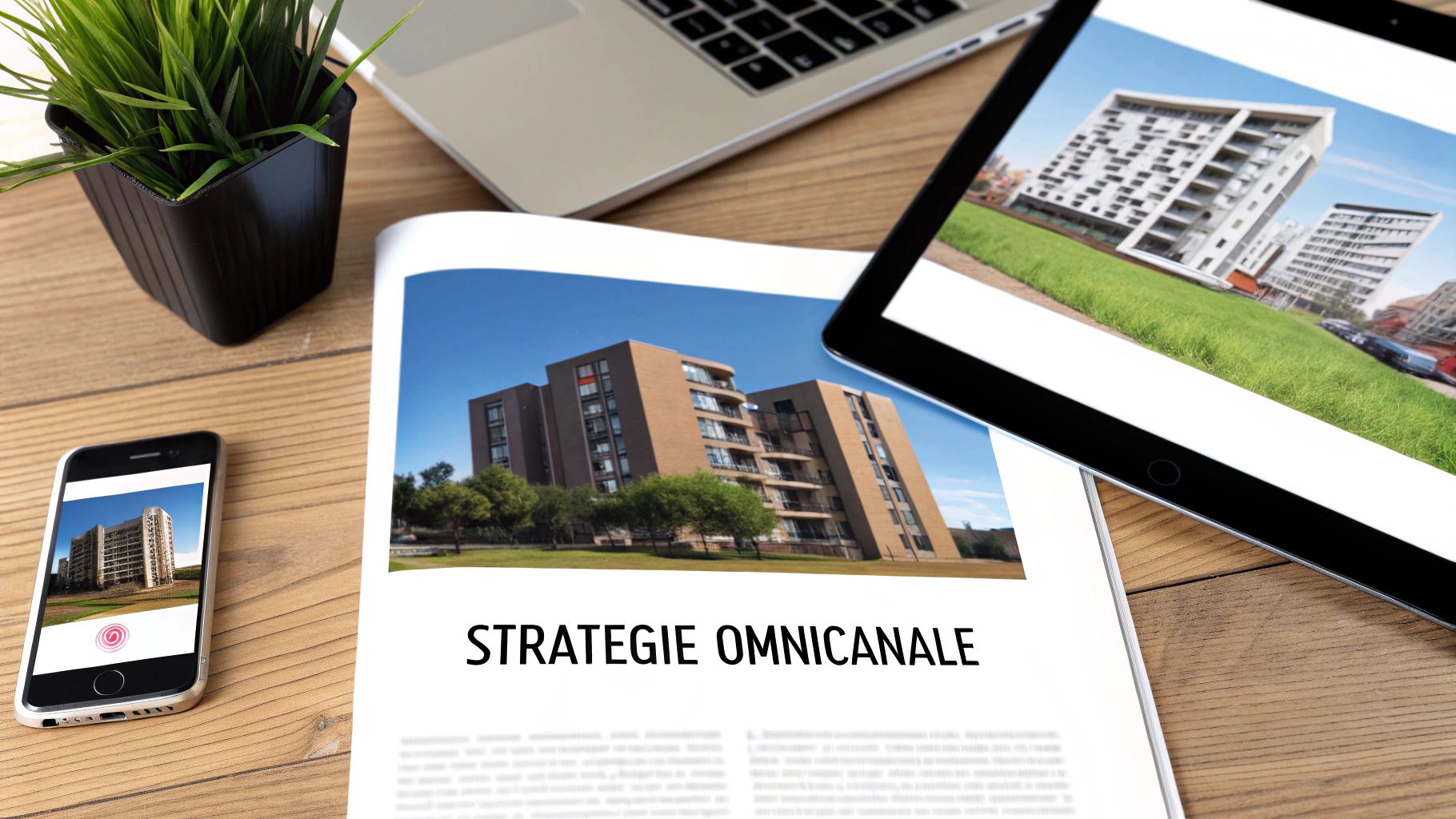 Vue de bureau avec ordinateur, tablette, smartphone et document, présentant des images de bâtiments et le texte 'STRATEGIE OMNICANALE'.