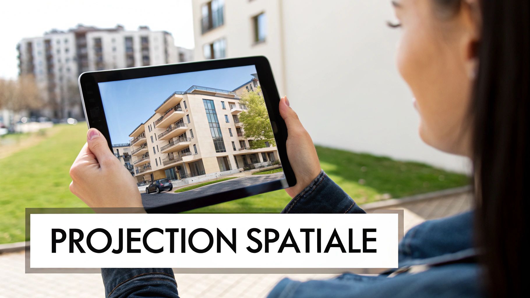 Une personne tient une tablette affichant une projection 3D d'un bâtiment moderne dans un environnement extérieur.