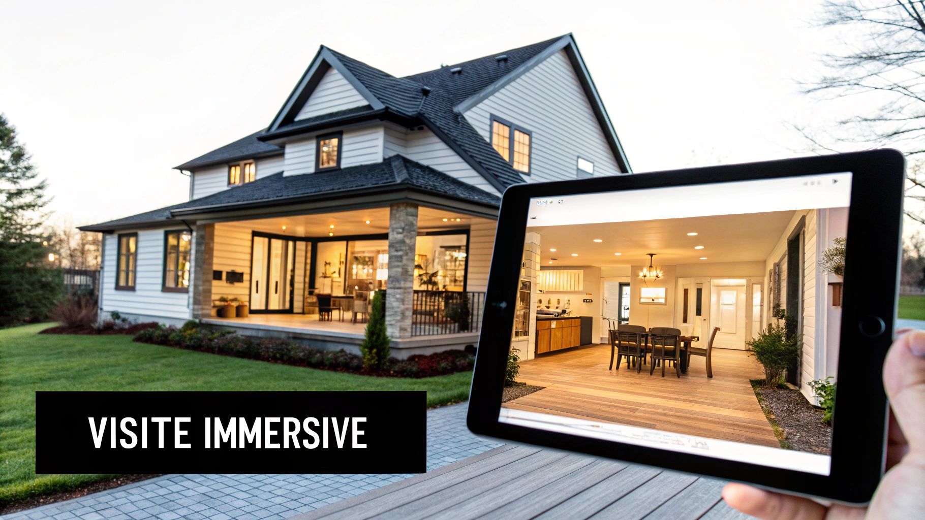 Vue intérieure d'une cuisine moderne et d'un salon dans une maison neuve, générée par ordinateur pour une visite virtuelle.
