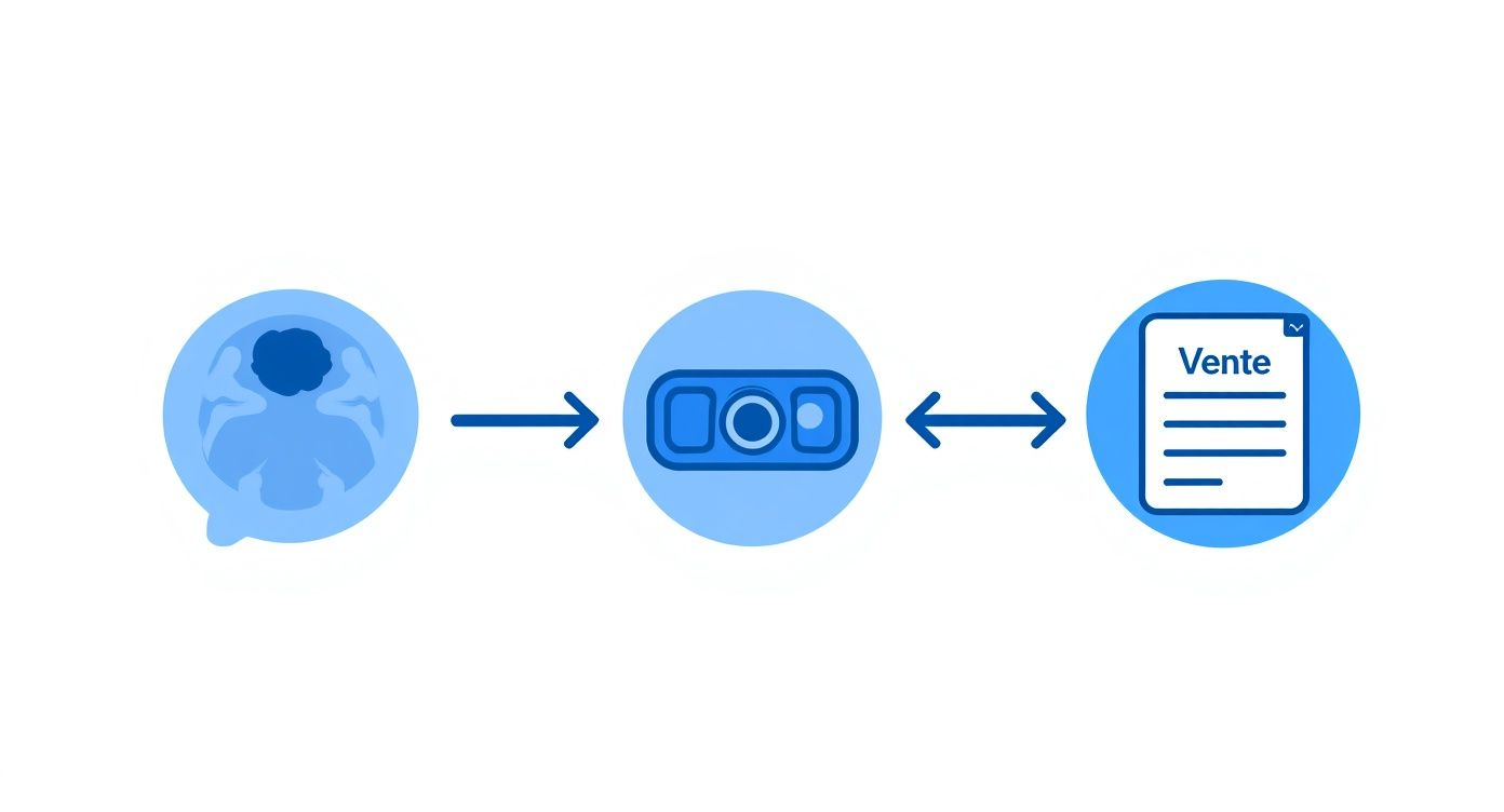 Processus de transaction immobilière illustrant l'interaction entre acheteur, paiement sécurisé et contrat de vente